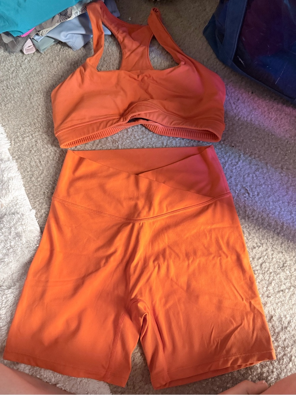 High-Support Orange Racerback Sports Bra & High-Waist Bike Shorts Set